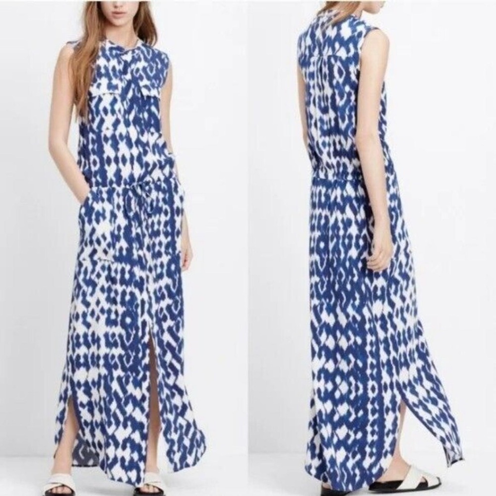 Vince 100% Silk Blue‎ White Ikat Print Button Sleeveless Maxi Shirt Dress